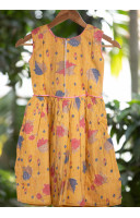 All Over Leaf Printed Yellow Rayon Cotton Kids Dress (KR1198)